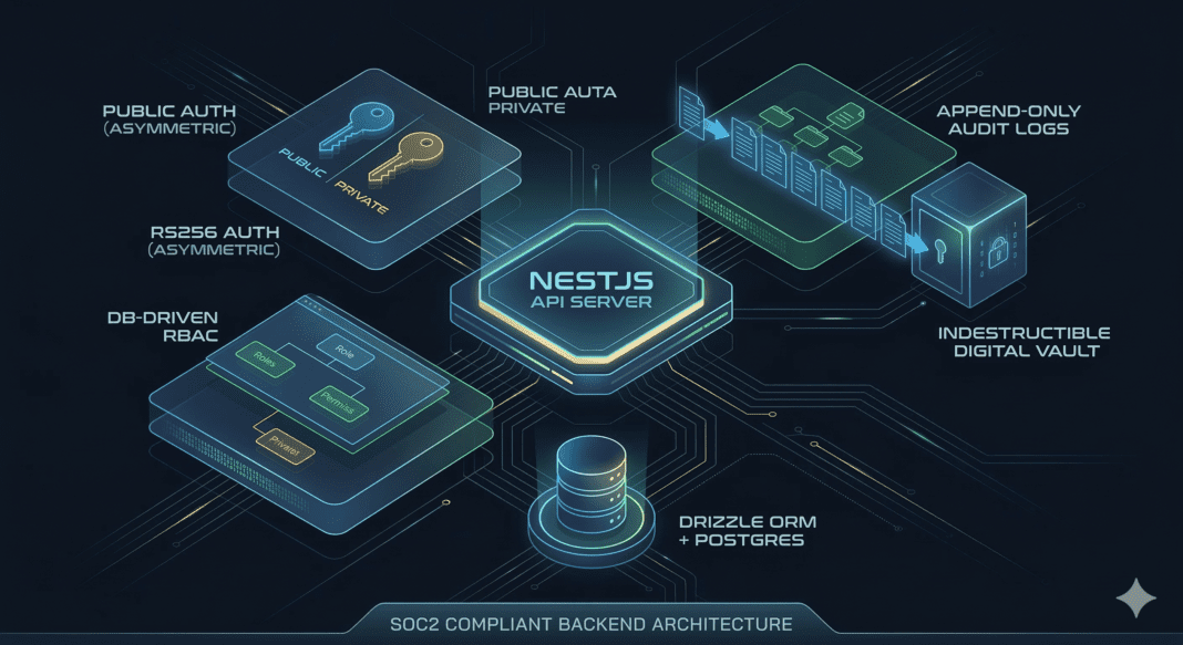 Uma visualização isométrica estilo blueprint futurista mostrando a arquitetura de um backend NestJS seguro. O diagrama inclui camadas para autenticação JWT RS256, controle de acesso RBAC, logs de auditoria e integração com banco de dados Drizzle, com a legenda 'SOC2 COMPLIANT'.