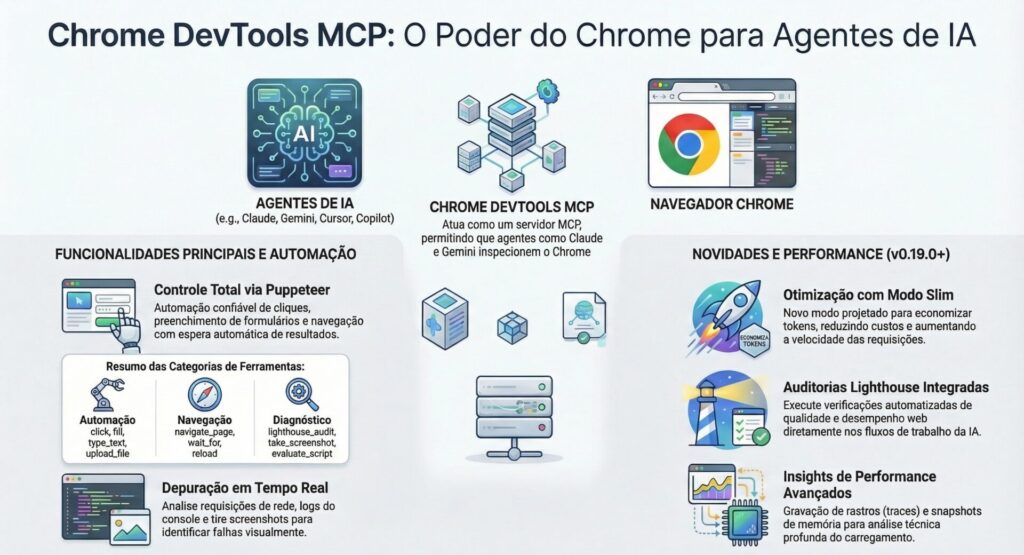 Chrome DevTools MCP: Guia para Agentes de IA Autônomos 1 Infográfico técnico em português intitulado 'Chrome DevTools MCP: O Poder do Chrome para Agentes de IA'. O diagrama ilustra o fluxo de comunicação onde o 'Chrome DevTools MCP' atua como um servidor central, conectando 'Agentes de IA' (como Claude, Gemini e Cursor) ao 'Navegador Chrome', detalhando suas funcionalidades de automação, performance e depuração.