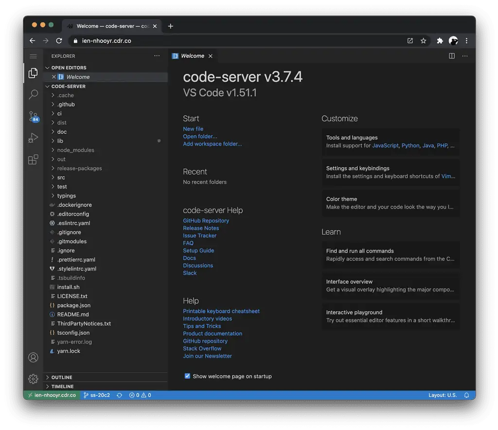 Visual Studio Code no navegador usando code-server