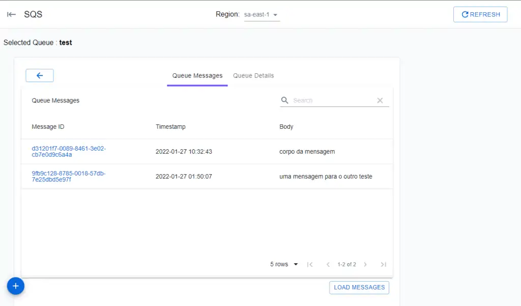 Print da ferramenta de criação de mensagens na fila SQS do dashboard da localstack.cloud, mostrando duas mensagens criadas na fila denominada test.